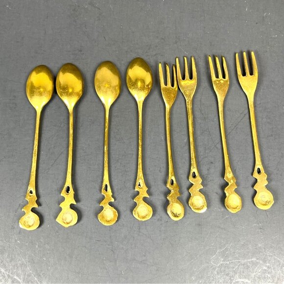 Brass Demitasse Coffee Spoon Dessert Salad Fork Gold Tone Rose Handle Set 4 VTG - Picture 3 of 13